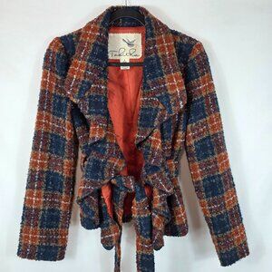 Anthropologie Tabitha Moretown Wool Blend Plaid Belted Blazer Size 6 Rust & Blue